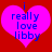 Two identical pink heart-shaped icons with blue text "i really love libby" on a red background, each featuring a small blue dot above the 'i'.