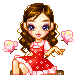 Animated pixel art of a girl in a red dress holding pink flowers, transitioning to a couple with text overlays.