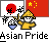 Pixel art buddy icon featuring a yellow stick figure, Japanese and Chinese flags, a Poké Ball-like object, and "Asian Pride" text on gray background.
