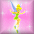 Pixelated animated icon of a cartoon fairy character with yellow hair, green dress, and blue wings against pink background with sparkles.