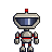 Pixel art robot with silver body, red accents on arms and legs, blue-tinted visor, and small red antenna atop head against gray background.