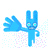 A 7-frame animated contact sheet showing a blue pixelated character waving with varying hand positions against a white background with purple dithering dots.