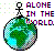 Pixelated icon shows a stick figure atop a green and blue globe with 'ALONE IN THE WORLD' text in multicolored block letters.