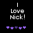 Black background displays white text 'Love Nick!' with purple and dark purple heart symbols below, animated to shift positions.