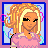 Pixel art contact sheet of a blonde cartoon character in various poses with text overlays, set against a bubble-patterned background.