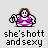Pixelated character in pink bikini top with brown hair, blue eyes, red lips, holding various poses with one arm raised or bent, text below reads 'she's hott and sexy' on gray background.
