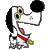 Pixelated cartoon character with black hair, large yellow eyes, white body, red tie, and gray limbs holding a black sphere against a gray background.