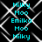 Animated sequence of cyan text labels cycling through 'Milky', 'Moo', 'Emilka' on a black background with white geometric lines.
