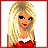 Pixel art of a blonde woman in red dress with white trim, showing multiple poses and expressions