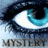 A split-screen composition of four distinct eye close-ups with blue irises, featuring text elements and pixelated details across the