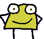 identical cartoon frogs with yellow-green bodies, white eyes with black pupils, and smiling mouths in various eye states
