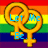 Two golden female gender symbols overlap on a rainbow flag background with blue text reading "Let Me Be" and "Your Little Boy Blue."