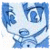 Blue and white pixelated icon with abstract curved shapes forming a stylized figure holding an object, set against a light background.