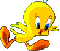 Yellow cartoon bird with blue eyes and orange beak in four sequential poses showing wing and leg movement against gray background.