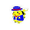 Yellow Pikachu in blue outfit with red bow tie and blue hat with red band, shown in multiple poses including standing, lying down, and holding a blue-and-red object against gray background.