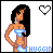 Pixel art of a character with long black hair in a blue bikini top and bottoms, standing with one hand on hip across four showing text changes
