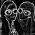 Two cartoon figures with large eyes and glasses, smiling, in grayscale, purple, and green color variations.