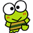 Green cartoon frog with large white eyes and black pupils, holding a striped brown-and-green object, standing on a white background.