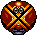 Pixel art icon of a spherical object with glowing orange and yellow lines forming an X pattern over dark brown sections, featuring two gray rectangular shapes with blue accents.
