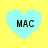 Four light blue hearts on a yellow background, each containing the text "MAC" in black pixelated font.