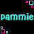 Pixelated text and geometric shapes on a black background with cyan and pink color scheme.