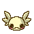 Pixel art of a small creature with light yellow skin, brown eyes, pink cheeks, and wing-like appendages, shown in multiple expressions against a gray background.