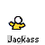 Pixel art icon of a figure in yellow clothing holding a red football, with text below reading 'Jackass' on a gray background.