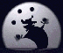 Silhouette of a character juggling three black balls against a light gray moon-shaped background with scattered dots.