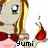 Pixelated anime-style character with brown and yellow hair, green eyes, red bow tie, pink cheeks, holding a flame-like object; text 'yumi' below.