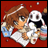 Pixelated anime-style character with brown hair and green eyes holding a white skull, set against a red background with scattered dots.