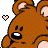 A 48x48 pixel animated contact sheet showing two frames of a brown cartoon bear with pink inner ears, white eyes, and black pupils, where the left frame has a light pink heart icon and the right frame shows an orange-brown heart icon.