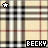 Static plaid background with two white star icons and 'BECKY' text in pixelated font at bottom corners.