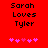 Red background with black pixelated text 'Sarah Loves Tyler' and five pink heart icons below, showing animation where hearts shift position.
