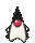 A pixelated character with a white body, black top, and red circular nose in multiple poses showing arm movements.