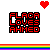 Pixelated text 'FLACA LOVES AHMED' in six color variations with heart symbols above and below, separated by rainbow stripes.
