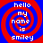 Four identical display a red and blue spiral background with white text reading 'hello my name is smiley' in pixelated font