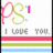 Pixelated icon with pink and green 'PS' logo, 'I LOVE YOU.' text, and colored stripes, transitioning from 'PS' to 'LOVE' text.
