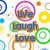 Pixelated icon with 'Live Laugh Love' text in blue and brown, surrounded by colorful circular patterns on a white background.