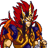 Pixel art character with red spiky hair, golden helmet, and orange-brown armor on gray background.
