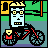 Pixelated character with light blue face and yellow hair rides red bicycle across green background, changing facial expression from neutral to smiling.
