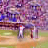Animated sequence of a baseball player in white uniform swinging at a pitch under purple-hued stadium lights with spectators.