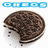 Pixelated image of a chocolate sandwich cookie with visible cream filling, set against white background and topped by blue pixelated banner.