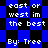 Blue and black pixelated background with white text repeating 'east or west in the best' and 'By: Tree' across multiple sections.