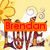 Animated sequence showing four variations of a 'LOVE' text design with changing overlaid words on a yellow background featuring floral and swirl motifs.