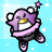 Animated pixel art of a purple star-shaped character with yellow beak, white eyes, and pink ring, performing dance moves against light blue background.
