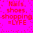 A static image with bright pink background and red pixelated text repeating 'Nails, shoes, shopping =LYFE' in four identical quadrants.