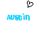 A pixelated blue text 'AUSTIN' appears below a black heart-shaped icon on white background.