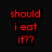 Green cartoon alien with large white eyes and red lips holds a cup, text reads 'should i eat it??' in red and 'or not...' in green.