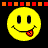 Two identical yellow smiley face icons with black eyes and mouths, each holding a red guitar pick in their mouth against a black background with an orange-red pixel border at the top.