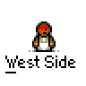 A 4x3 contact sheet of pixel art frames showing a cartoon character with red headband and white tank top, plus one frame with a hand gesture, all labeled "West Side" below each icon.